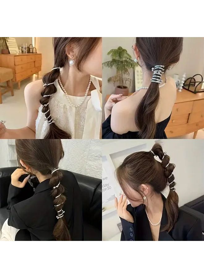 Silvery Telephone Cord Hair Ties Bubble Braid Beaded Head Rope Ponytail Hair Tie - Image 2